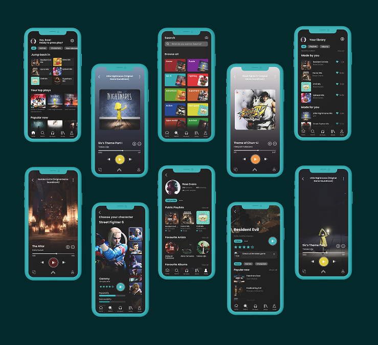AFK music player app showing multiple screens