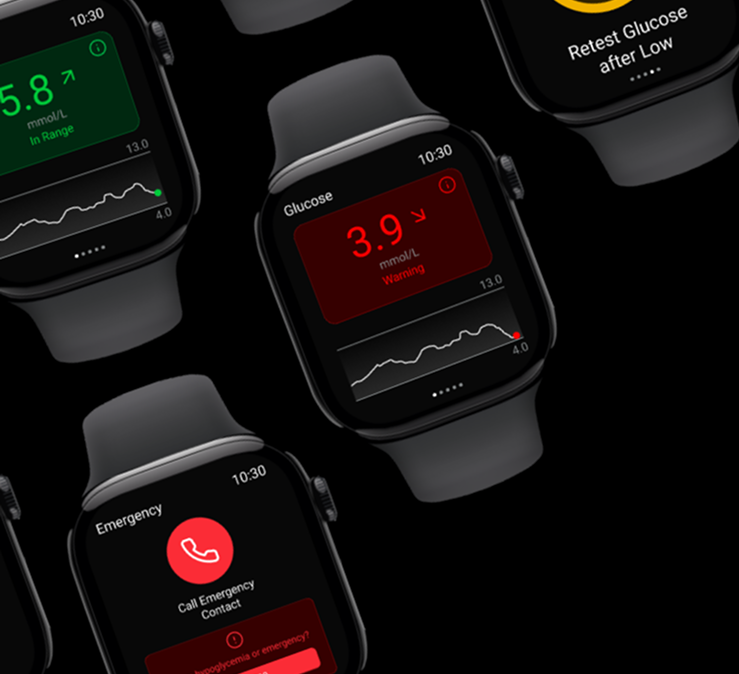 BetaCare smartwatch app showing diabetes management features